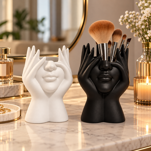Face and Hands Makeup Brush Holder – Sculptural Cosmetic Organizer for Vanity and Desk