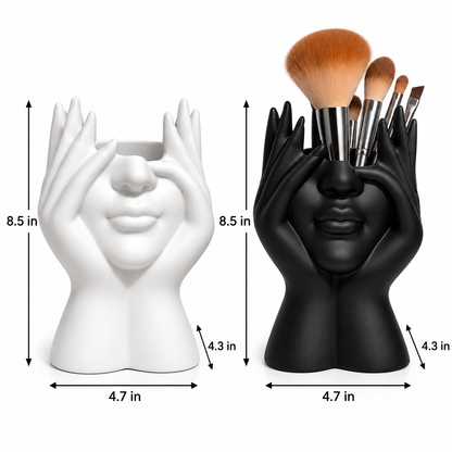 Face and Hands Makeup Brush Holder – Sculptural Cosmetic Organizer for Vanity and Desk
