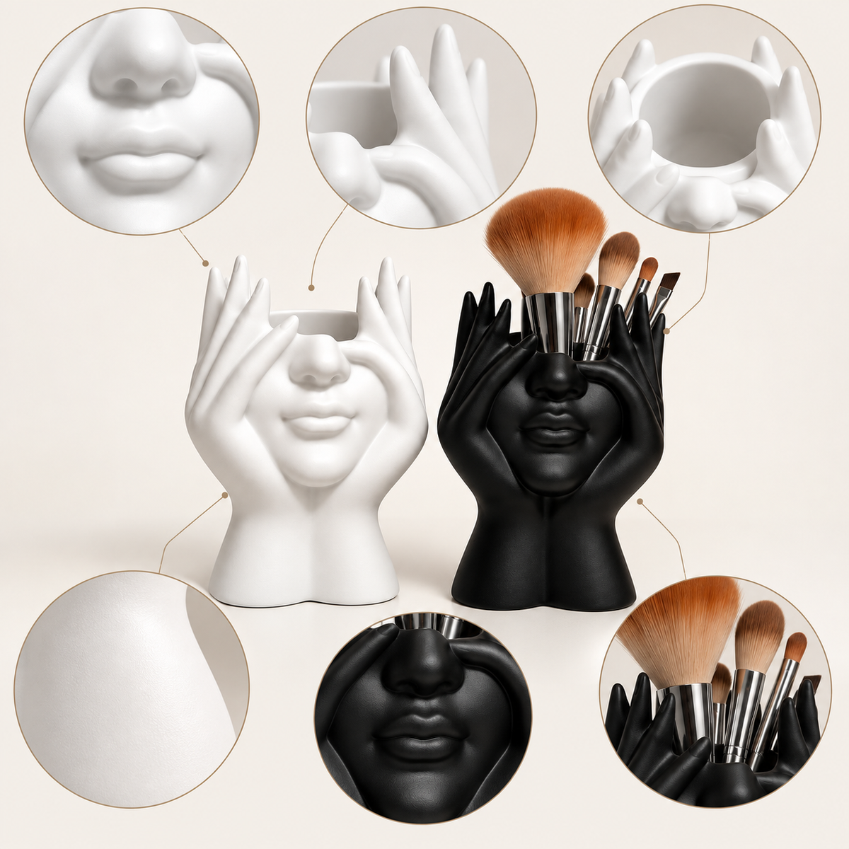 Face and Hands Makeup Brush Holder – Sculptural Cosmetic Organizer for Vanity and Desk