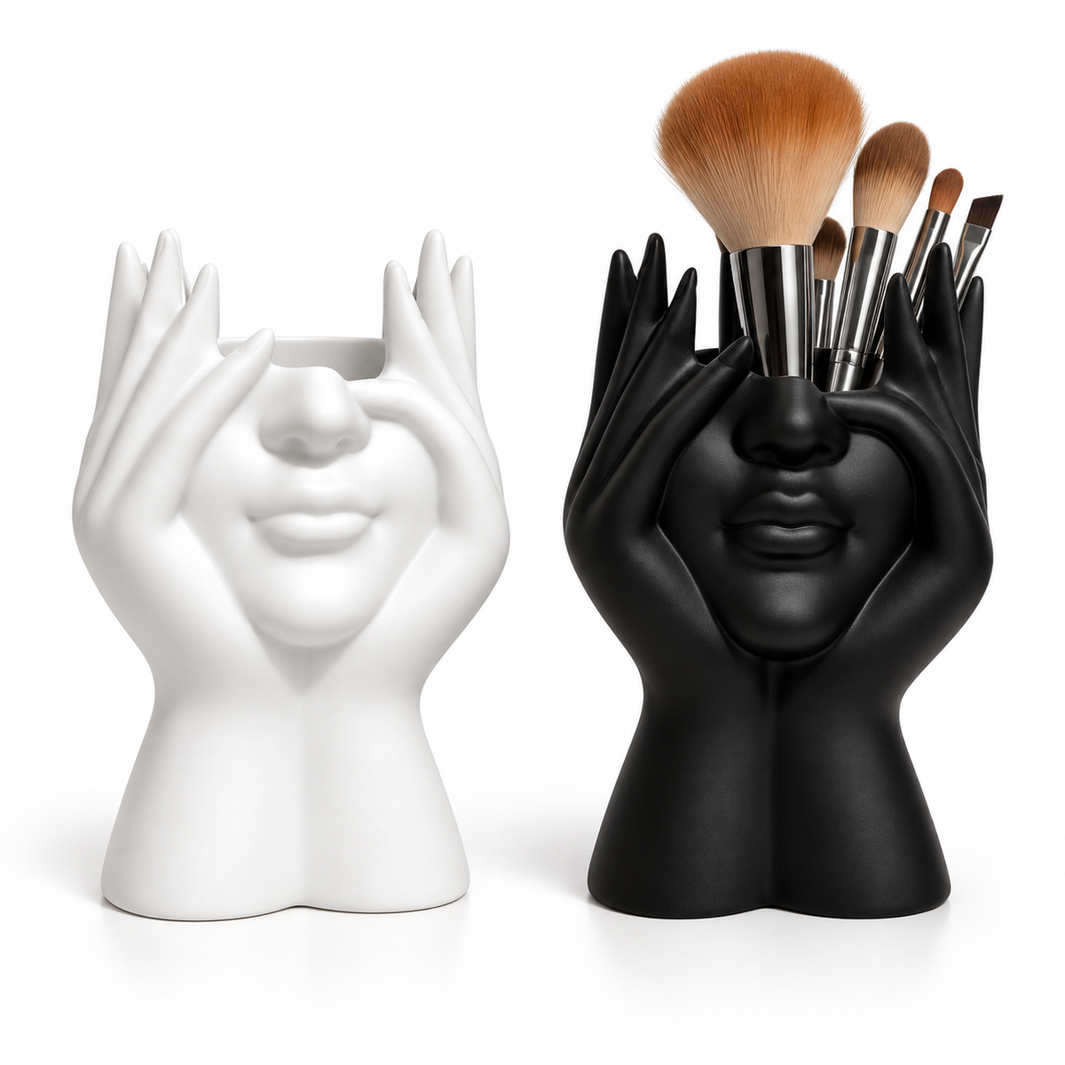 Face and Hands Makeup Brush Holder – Sculptural Cosmetic Organizer for Vanity and Desk